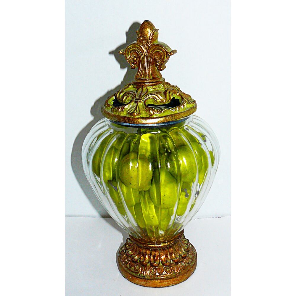 Vintage Decorative Glass Jar With Ornate Gold Finish Lid Contains Faux Pears